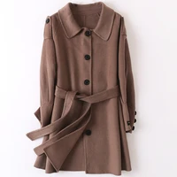autumn coffee wool coats mid length belts turn down collar single breasted office lady jackets slim outwear winter clothes women