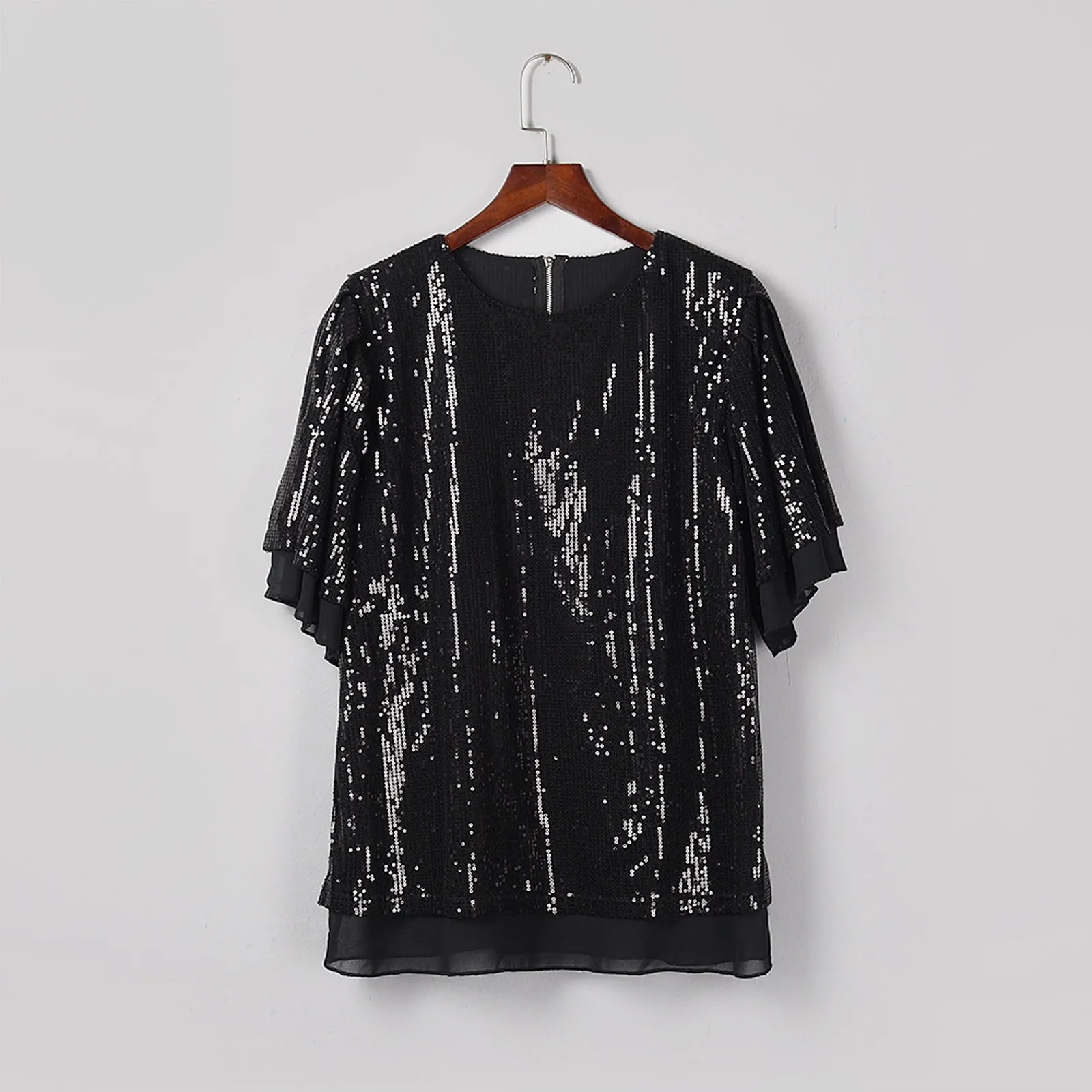 

Blouse Women New Fashion Elegant Casual Shirt O Neck Patchwork Sequin Zipper Loose Half Sleeve Tops Free Shi