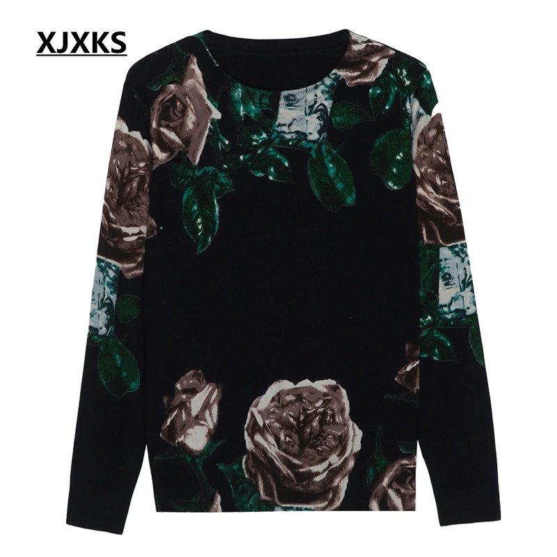 XJXKS Modis Print Flower Sweater Women Vintage Beautiful Sweaters And Pullovers Long Sleeve Tops Knitted | Женская одежда