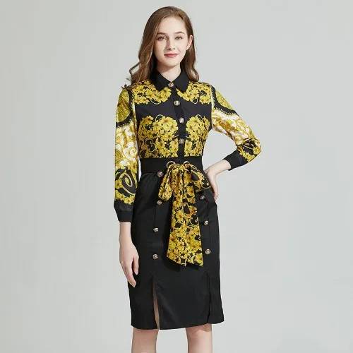 

Luxury Women Lapel Long Sleeve Vintage Abstract Printed Dress Spring Women's Lace-up Split Hem Bodycon Sexy Vestidos Lady Dress