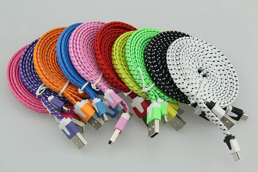 100 шт./лот 1 м 2 3 телефонный кабель Micro USB из нейлоновой ткани плетеный плоский для