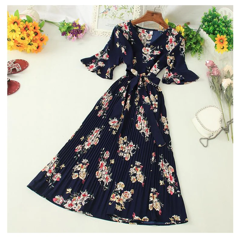Boho 2020 V Neck Floral Print Summer Bandage Dress Midi Long Chiffon Party Women Casual Elegant Pleated Beach Holiday Dresses | Женская