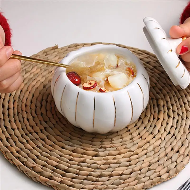

1Pc Ceramic Bowl with Lid Simple Soup Bowl Steamed Egg Bowl Kitchenware
