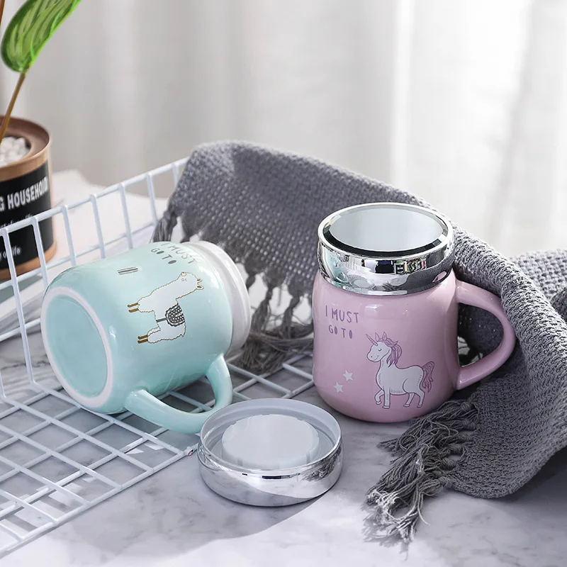 Pattern Mug with Lid Cute Cartoon Mugs Mirror Cover Ceramic Cup Single Layer Korean Creative Drinkware | Дом и сад