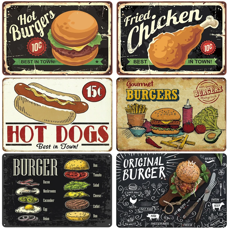 Hot Burgers Plaque Metal Tin Sign Vintage Poster Fried Chicken Retro Plate Wall Decor for Kitchen Restaurant Shop |