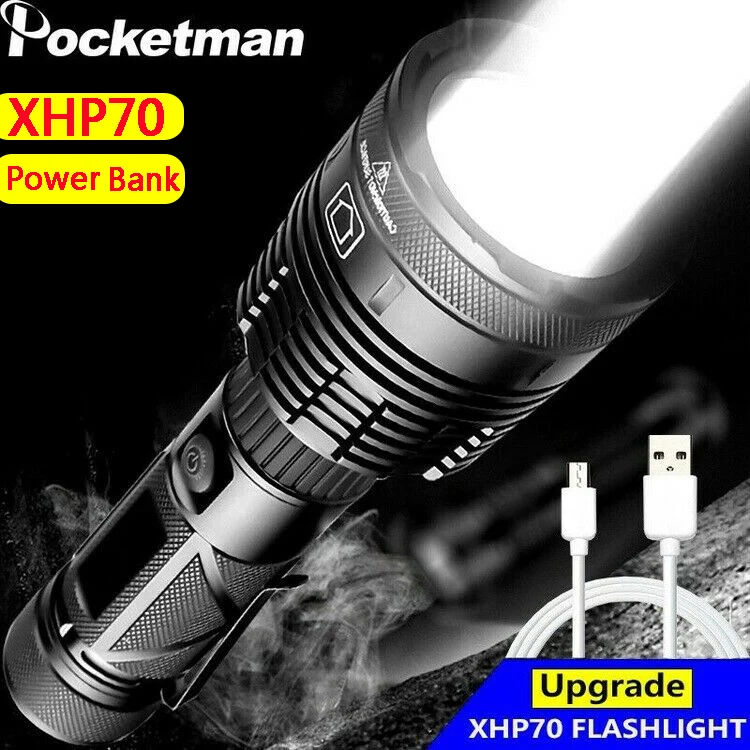 

Powerful LED Flashlight USB Rechargeable LED Torch XHP70 Lantern Camping Lamp Use 26650 With Pen Holder Safety Hammer
