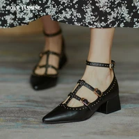 2021spring new natural genuine leather high heels women pumps square heel ankle strap pointed toe wedding party shoes woman