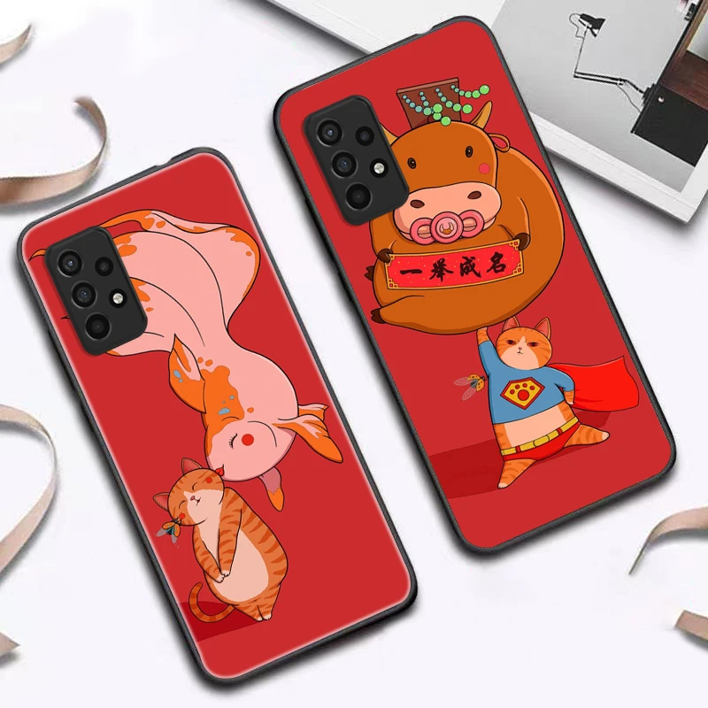 

Phone Case For Samsung Galaxy A72 A52 4G 5G Funda Coque Carcasa Stream Lines Cat Mountain Sunset Cow Red Cat