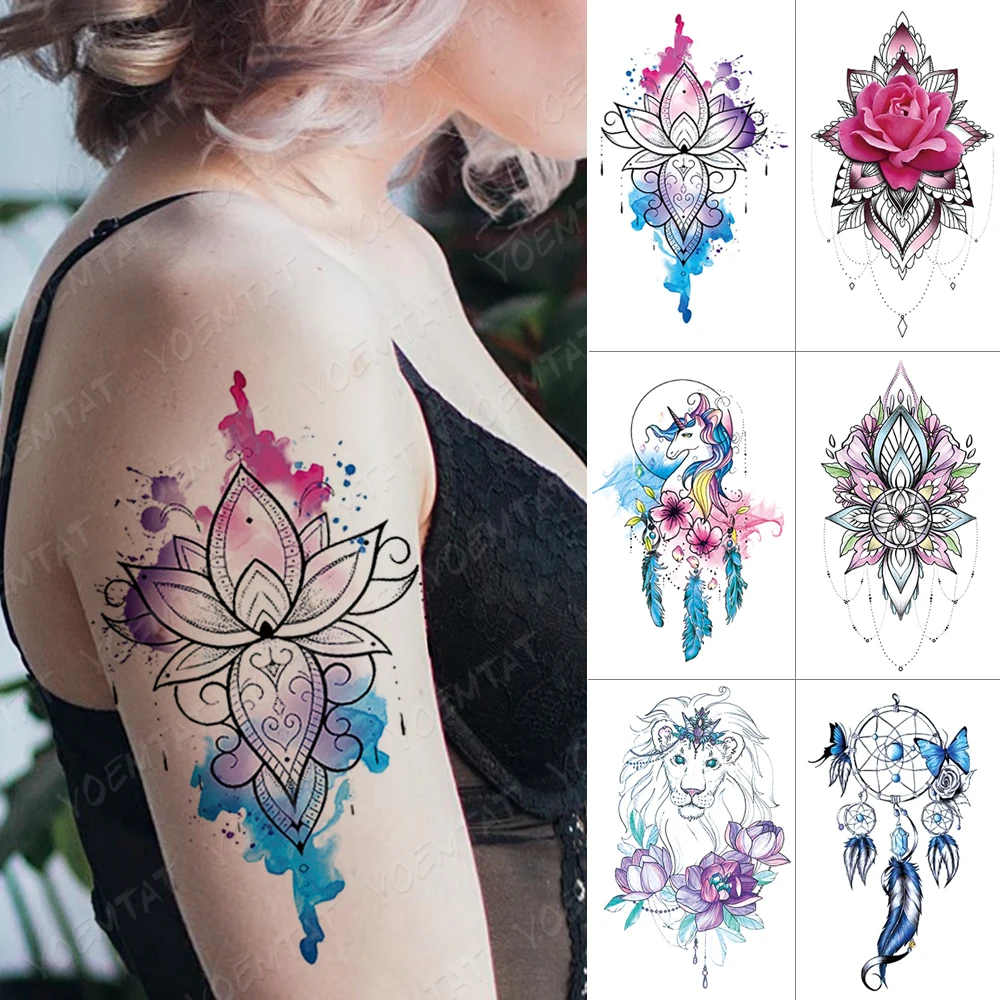 

Waterproof Temporary Tattoo Sticker Mandala Lotus Dream Catcher Flash Tattoos Rose Flower Body Art Arm Water Transfer Fake Tatoo