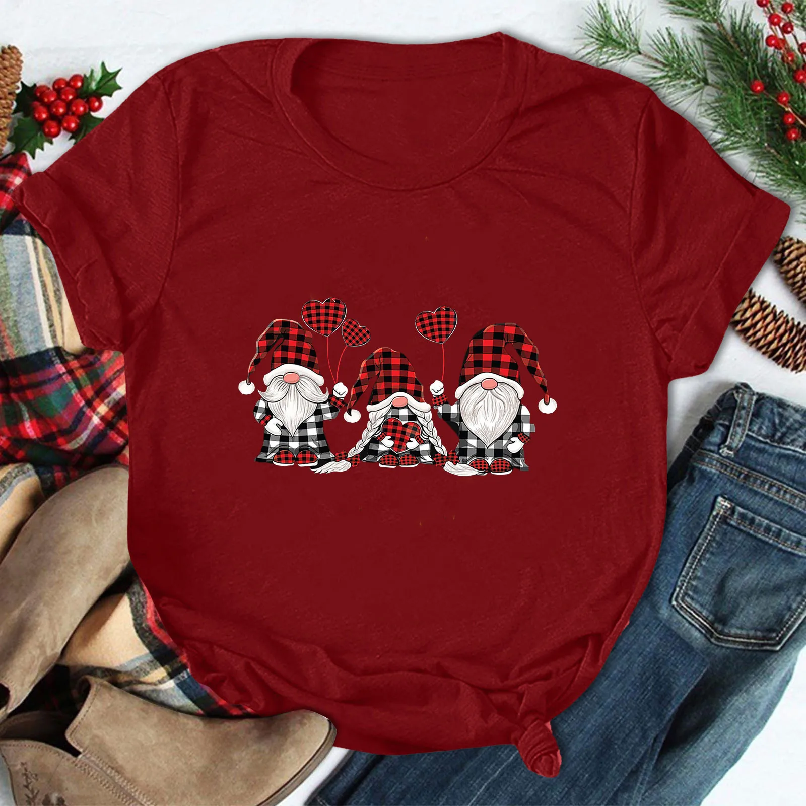 Фото Рождественская футболка с круглым вырезом и принтом гномов женская модная