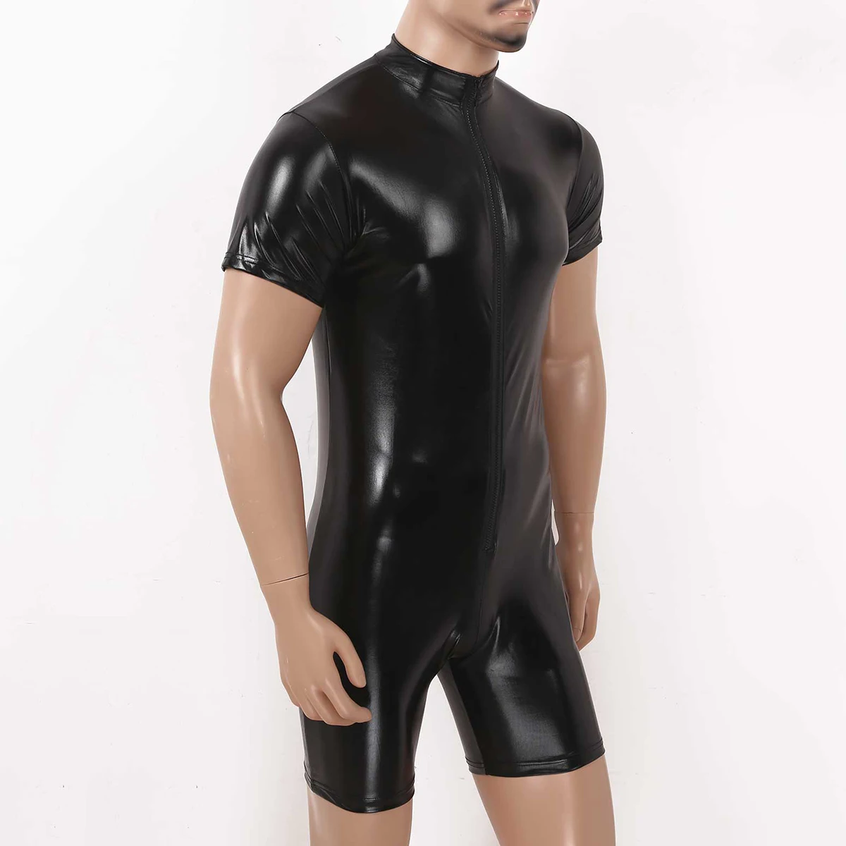 

Mens Gay Fancy Costumes Clubwear Wetlook Front Zipper Catsuit Bodysuit Teddies Bodystocking Latex for Male Cocktail Parties