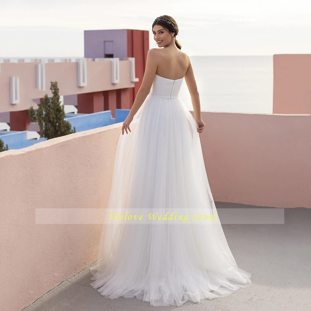 

Plain White Wedding Dresses For Bridesmaid Elegant Strapless Bride Formal Party Sashes Tulle Bridal Gown Robe Soirée Mariage