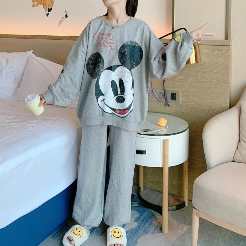 Disney Mickey Mouse Cute Kawaii Pajama Sets Autumn Spring Women Crewneck Long Sleeve Loose Christmas Pajamas Ladies Sleepwear