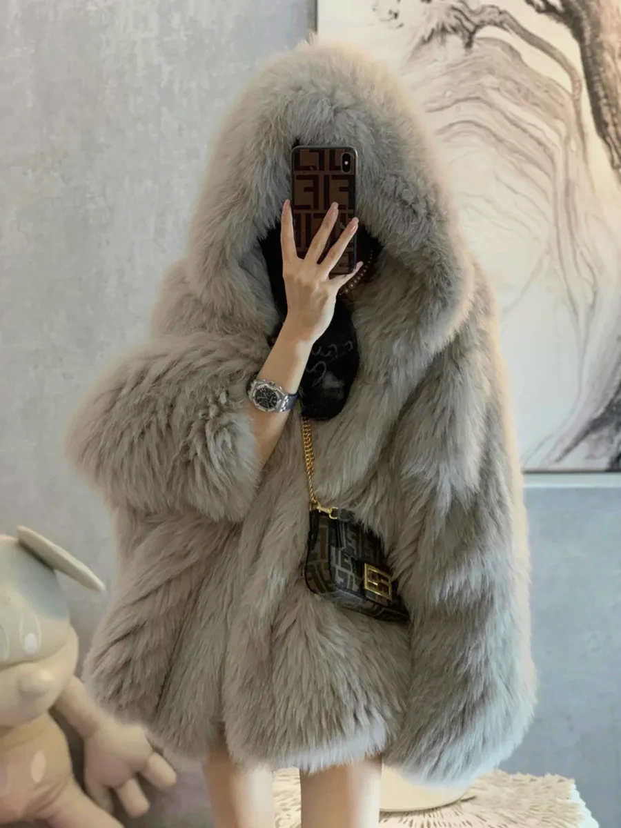 

2021 New Winter Women Hooded Coat Bat Sleeved All-match Loose Fox Fur Coat Net Red Imitation Mink Fur Overcoat Trendy Fur Jacket
