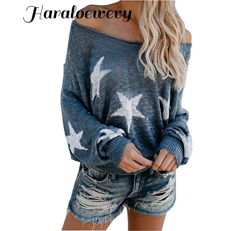 Sexy Off Shoulder Knitted Sweater Woman Autumn Streetwear Casual Loose V-Neck Stars Long Sleeve Print Pullover Large Size Tops | Женская
