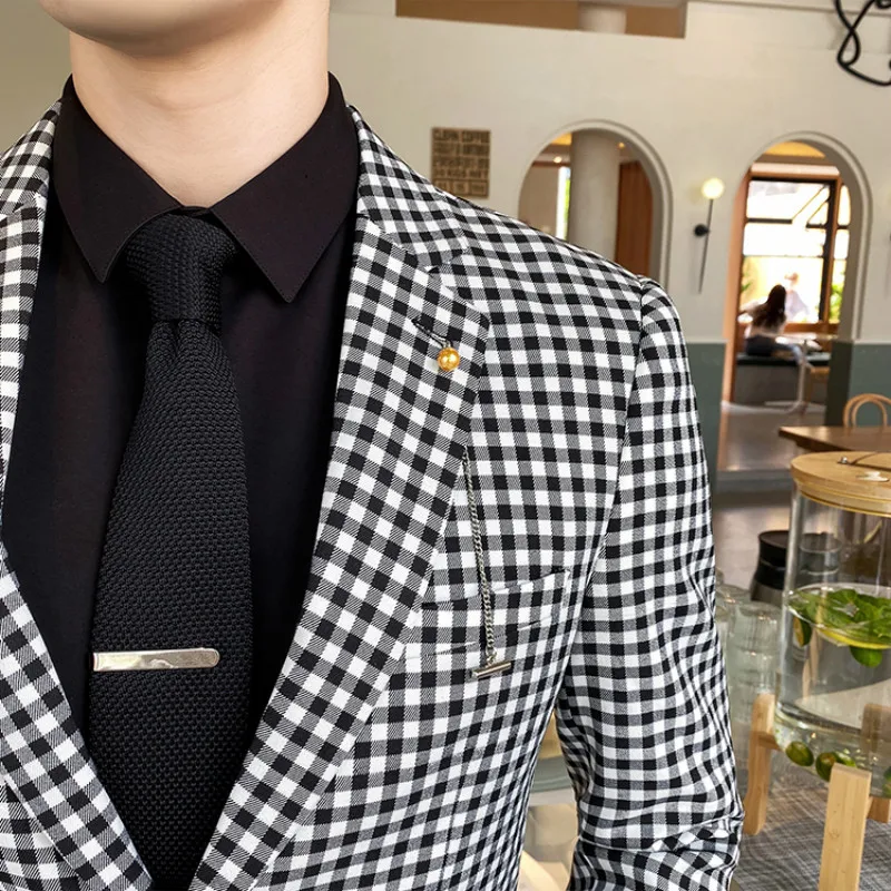 Мужской Клетчатый Блейзер деловой приталенный модная уличная одежда пиджак для