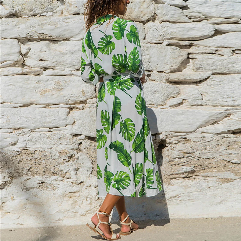 

Lusumily Beach Dress Women Streetwear Printed Chiffon Dresses Summer For Ladies Lapel Bow Loose Cotton Maxi Dress V-neck Dress