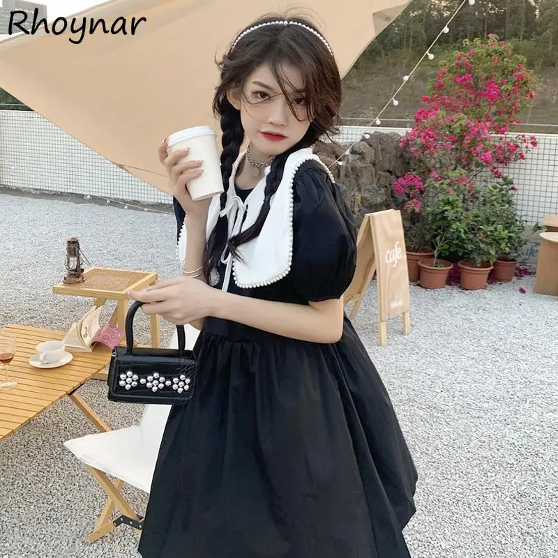 

Dress Women Japanese Sweet Girls Student Short Puff Sleeve Dark Gothic Vintage Peter Pan Collar A-line Princess Baggy Summer