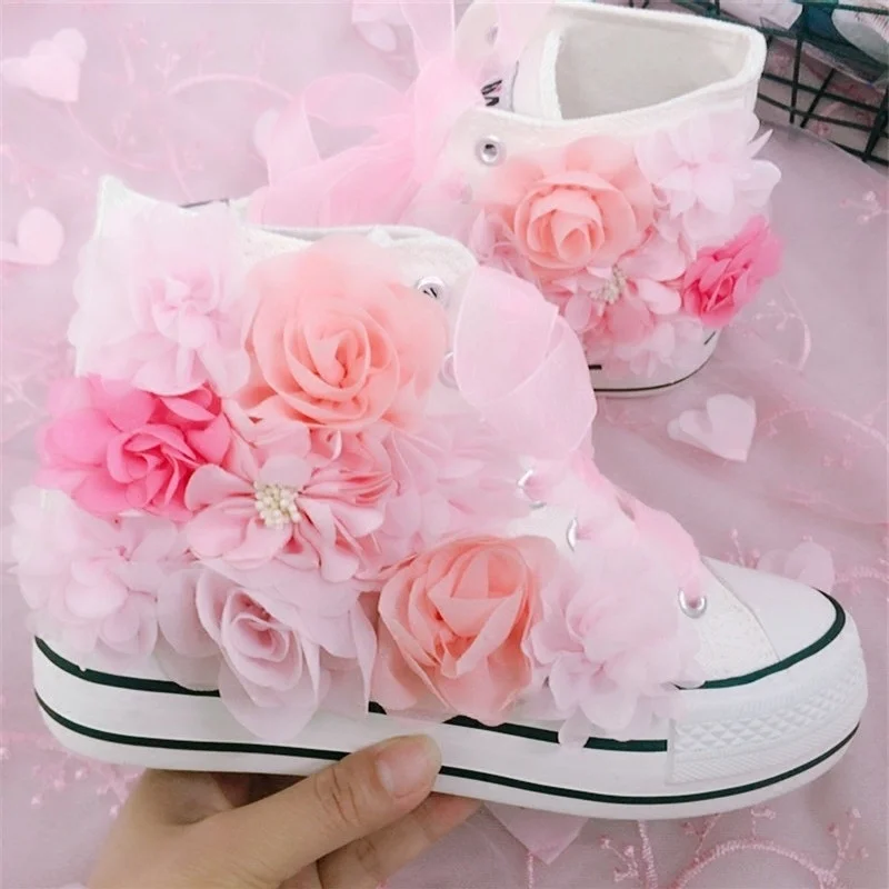 

2021 spring new handmade three-dimensional flowers diamond high-top white shoes platform lace-up canvas shoes
