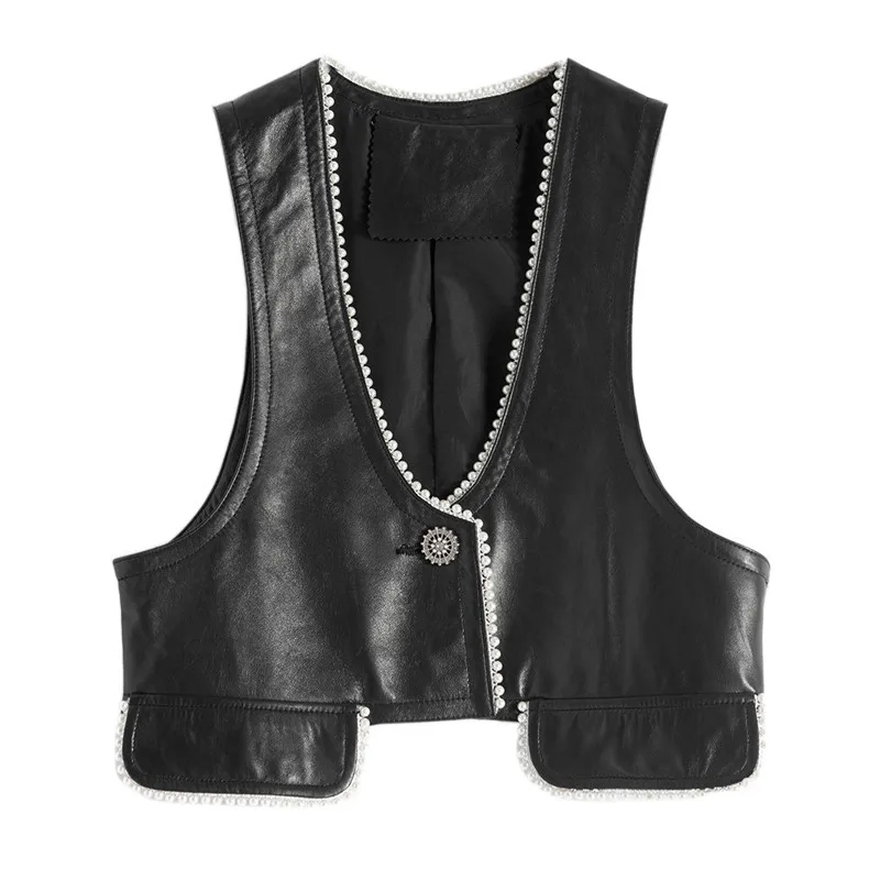 Sheepskin leather vest women's V-neck sleeveless leather jacket 2022 short paragraph Small fragrance vest pearl waistcoat