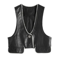 sheepskin leather vest womens v neck sleeveless leather jacket 2022 short paragraph small fragrance vest pearl waistcoat