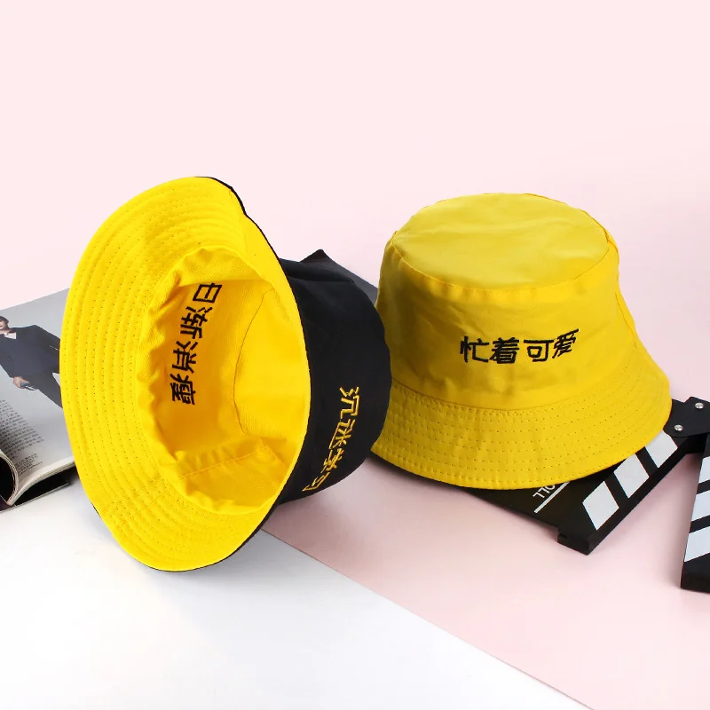 

2020 Cotton Double Sided Black Yellow Embroidery Bucket Hat Fisherman Hat Outdoor Travel Hat Sun Cap Hats for Men and Women 184