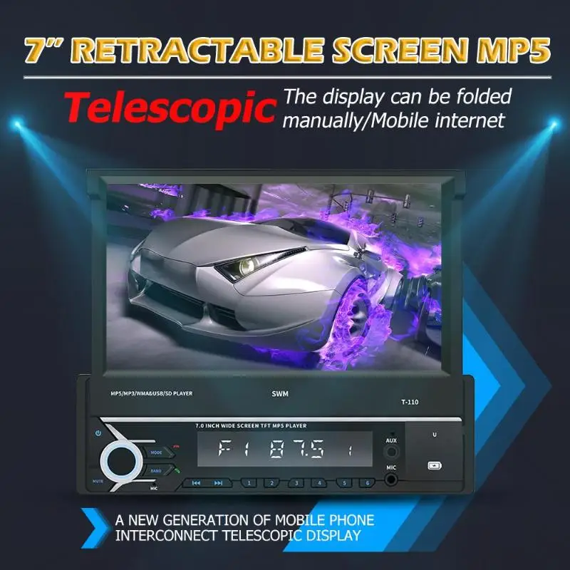 SWM T-110 Bluetooth Car Stereo MP5 Player 7 inch Retractable Screen AUX USB Radio Receiver In Dash Head Unit | Автомобили и