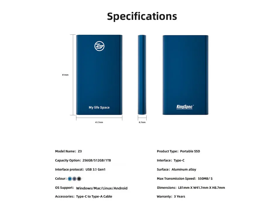KingSpec внешний SSD жесткий диск hd externo usb 3,1 портативный SSD 256B 512GB 1 ТБ жесткий диск hdd type-c для бизнесмена