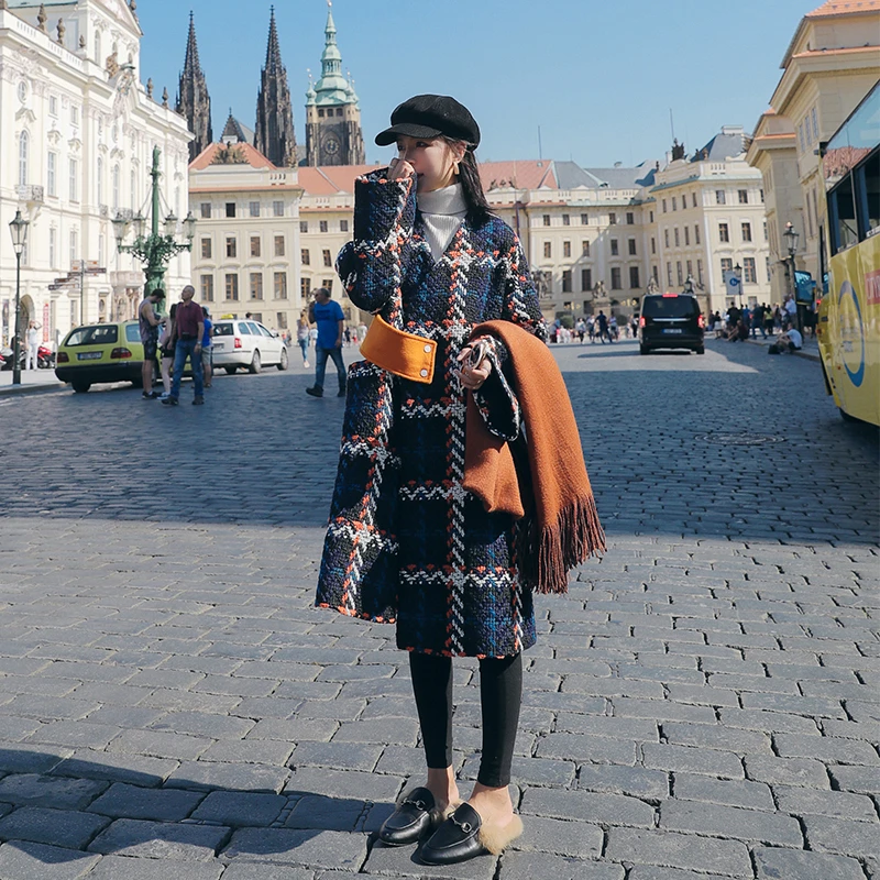 

2020 Winter Long Checked Women's Woolen Coat Korean Fashion Loose Casual Jacket Thick Warm High-quality Wool Blend Clothing