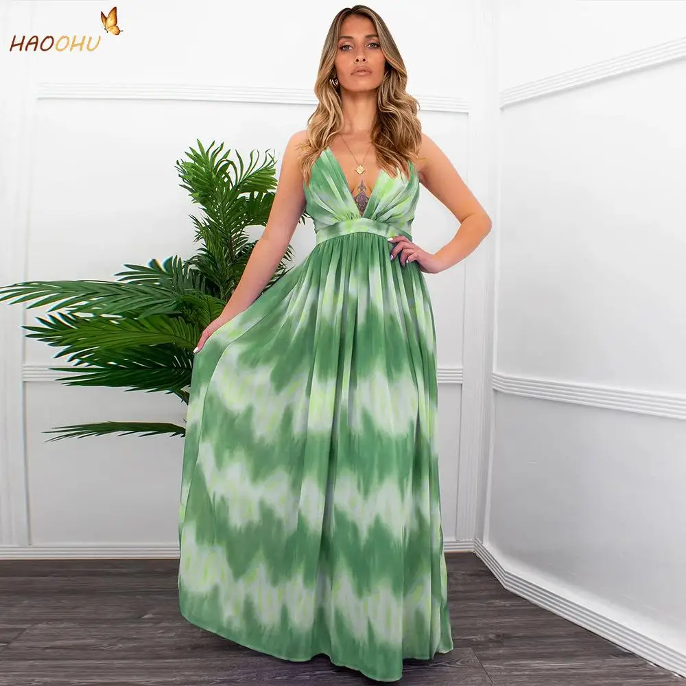 

HAOOHU Summer New 2021 Elegant Slim Gradient Stripes Printing Slip Dress European and American plus Size Women's Clothes