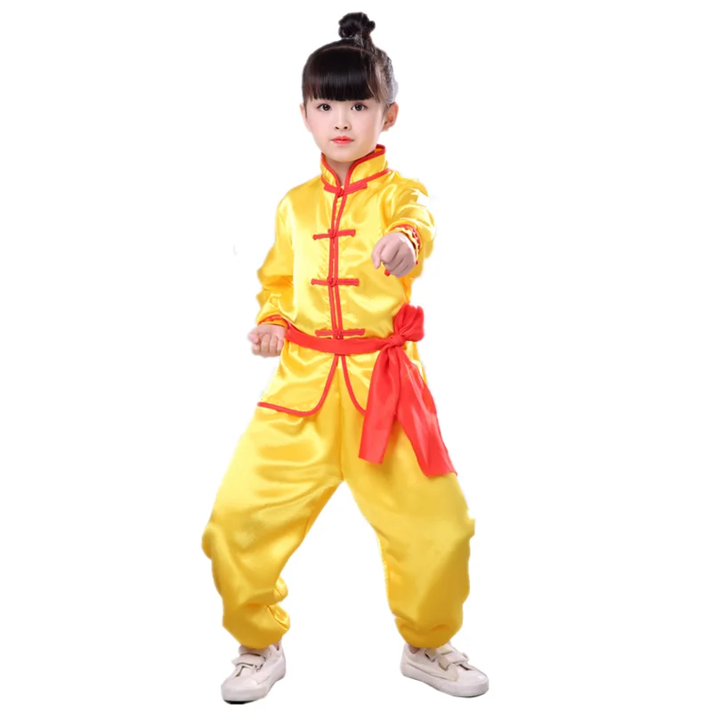 Yellow Long Set 100-180 см, детский костюм для ушу, Китайская традиционная короткая и полная форма Tai Chi, детские шелковые костюмы для кунг-фу, костюм для выступлений в стиле Тан - Цвет: Yellow Long Set