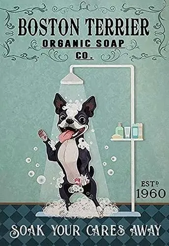 

Bathroom Vintage Metal Signs-Boston Terrier Organic Soap Co. Soak Your Cares Away Retro Metal Sign Plaque Wall For bathroom