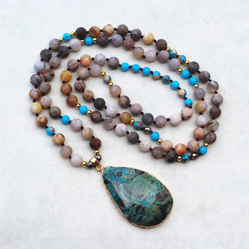 

Bohemian Tribal Jewelry Natural Stones Long Necklaces Women Agate Water Drop Pendant Necklace Sweater Chain Yoga Jewelry Gift