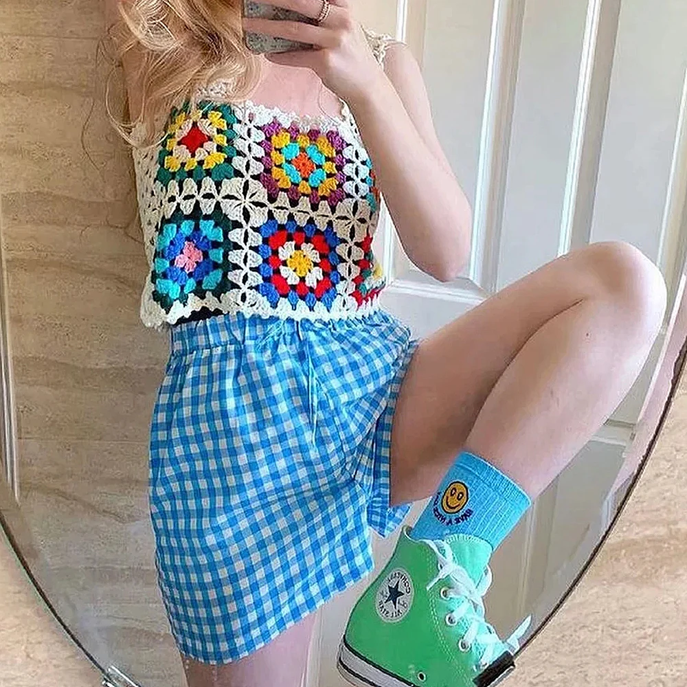 

2021 Handmade Hollow Out Crochet Plaid Flower Tanks Women Summer Cropped Tops Retro Cool Girl Short Tee Holiday