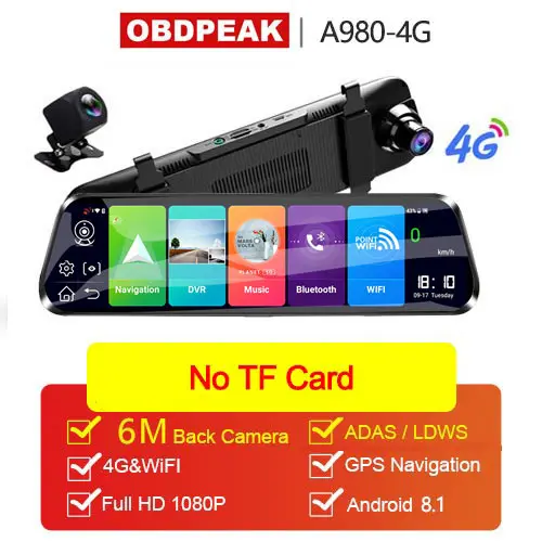 A980- No TF Card Android 8,1 Автомобильный видеорегистратор Камера 4G ADAS 10 дюймов поток медиа зеркало заднего вида 1080P WiFi gps видеорегистратор регистратор видео dvr рекордер - Название цвета: A980- No TF Card