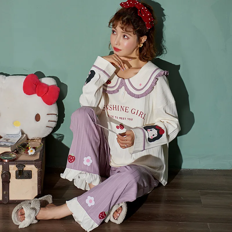 

Элегантная фиолетовая Пижама для женщин, зимняя теплая хлопковая женская пижама, домашняя одежда для маленьких девочек с милым мультяшным ...