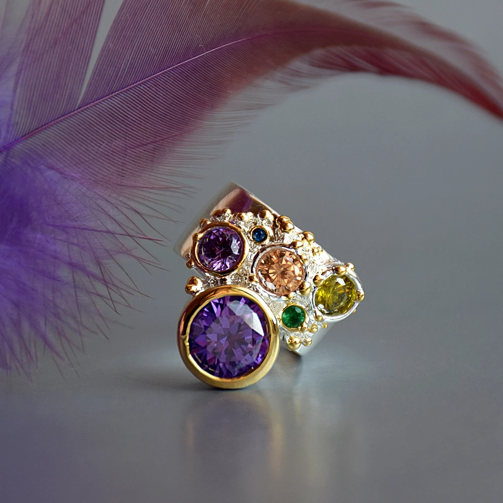 Женское кольцо с фиолетовым мульти цирконием серебряное модные ювелирные