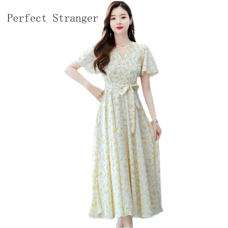 

2021 Summer New Arrival Plus Size M-4XL V Collar Flower Printed Flare Sleeve Women Chiffon Long Dress