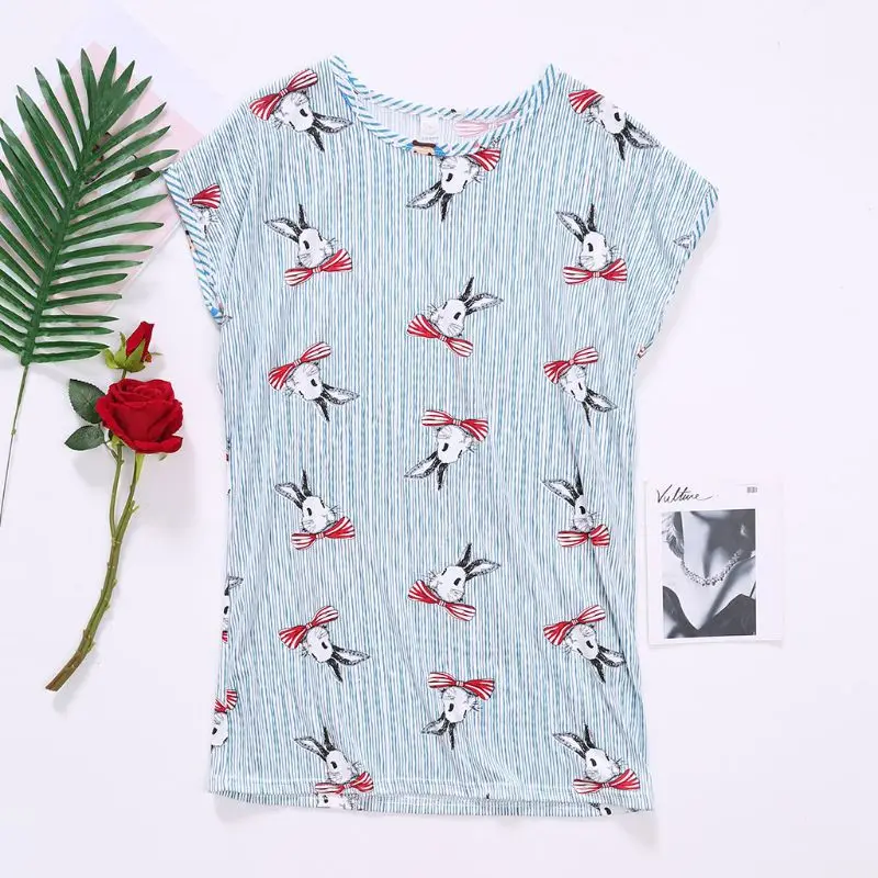 

Women Girls Summer Short Batwing Sleeve Sleepshirt Cartoon Rabbit Ice Cream Vertical Stripes Printed Milk Fiber Nightdress Overs
