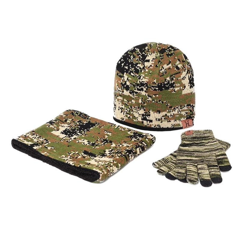 

Men Women Winter 3Pcs Camouflage Knit Beanie Hat Scarf Touch Screen Gloves Set Thick Plush Lining Skull Cap Neck Warmer