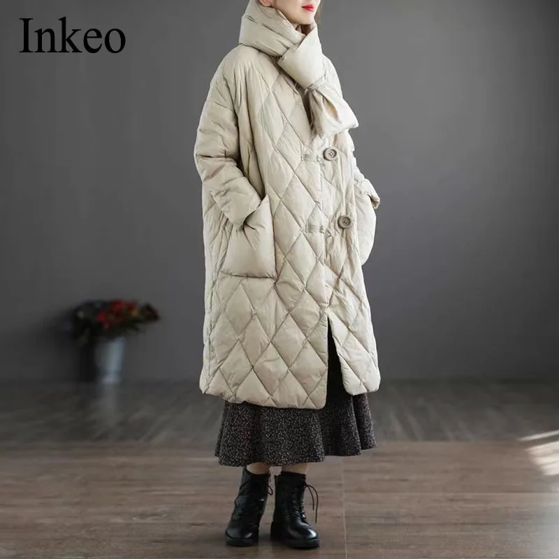

padded jacket Buttons pockets knee length Women's winter jacket long sleeved parkas thicken warm outerwear solid INKEO 1O034