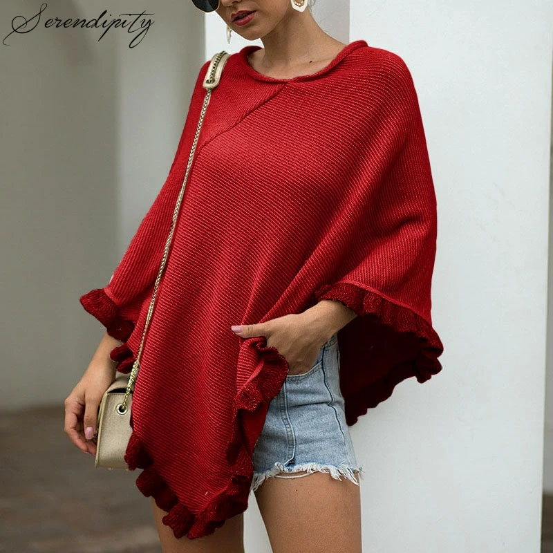 SRDP 2019 осенне-зимнее женское вязаное пальто-накидка модный свитер с оборками и