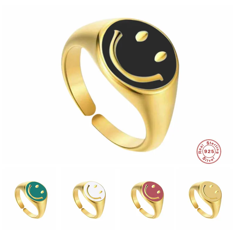 

Aide 925 Sterling Silver 2021 Trend Cute Smiley Face Pattern Opening Rings For Women Enamel Smiling Face Resizable Ring Jewelry