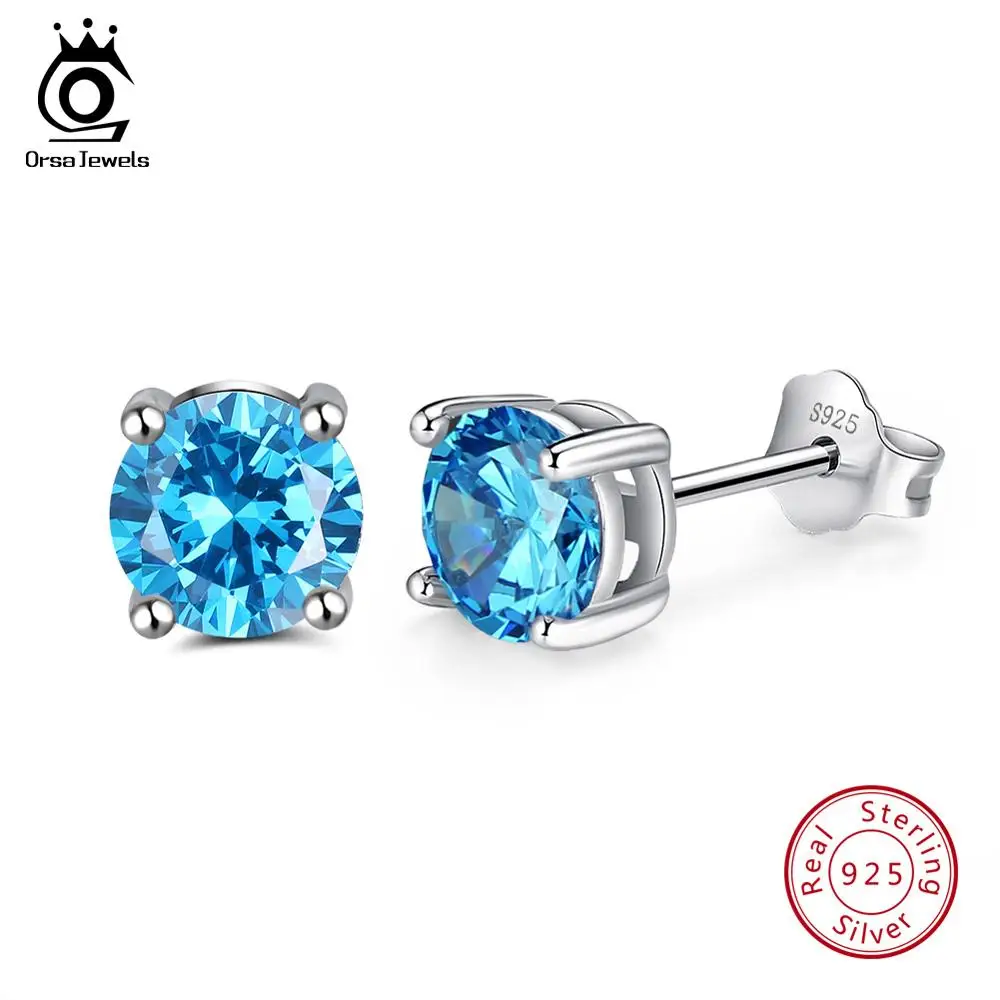ORSA JEWELS 925 пробы серебряные серьги с камнем рождения для женщин AAA кубический циркон 14 цветов серьги-гвоздики ювелирные изделия из серебра OSE84