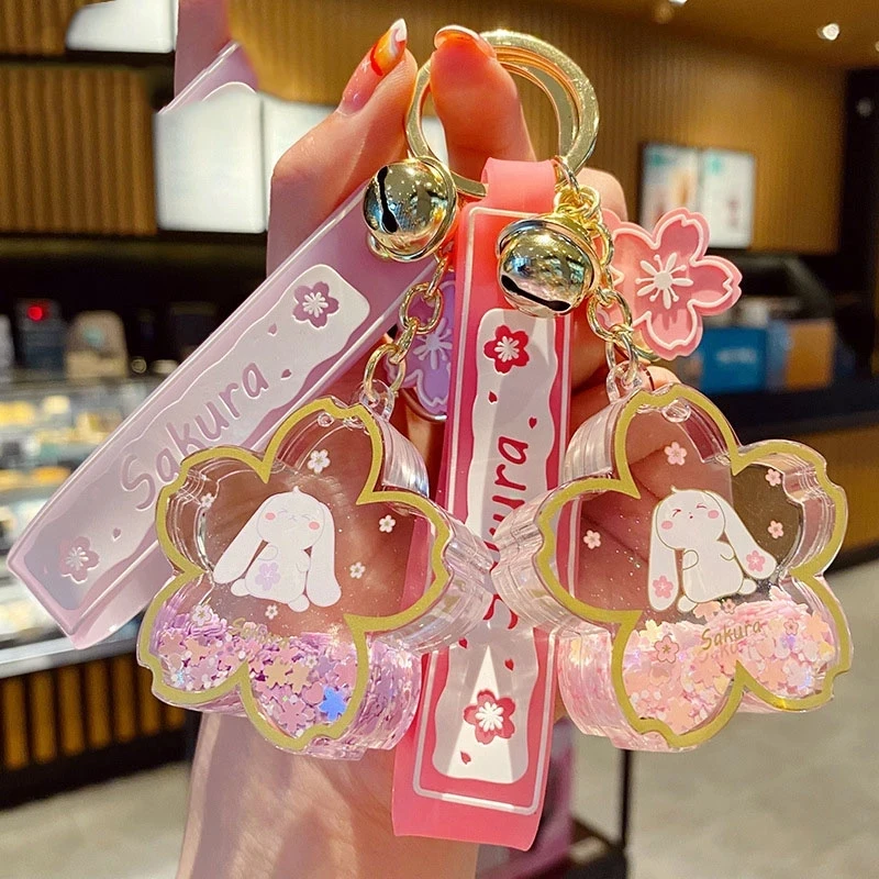 

Cartoons Liquid Sakura Quicksand Sequins Keychain Cute Bunny Animal Keyring Holder Women Bag Pendant Car Key Chain Trinket Gift