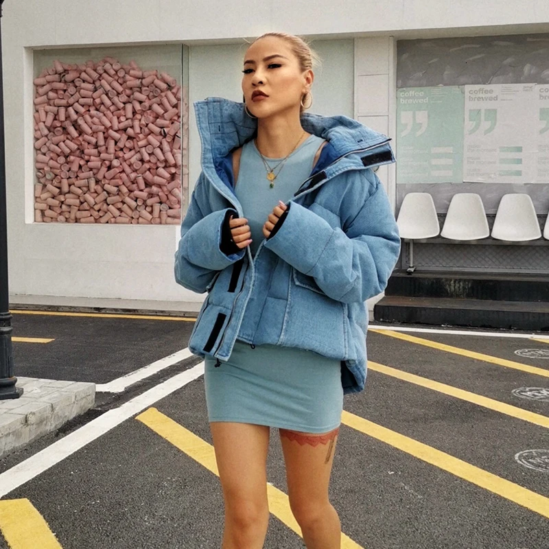 TWOTWINSTYLE повседневное синее открытое хлопковое пальто для женщин воротник с лацканами длинный рукав теплые толстые осенние парки Женская мода
