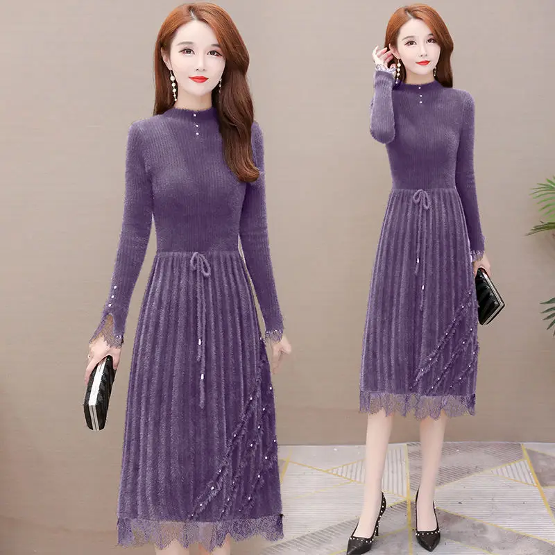 

Women 2021 Autumn Fashion Imitation Mink Long Dress Female New Lace Knitted Sweater Dresses Ladies Loose Warm Vestidos M233