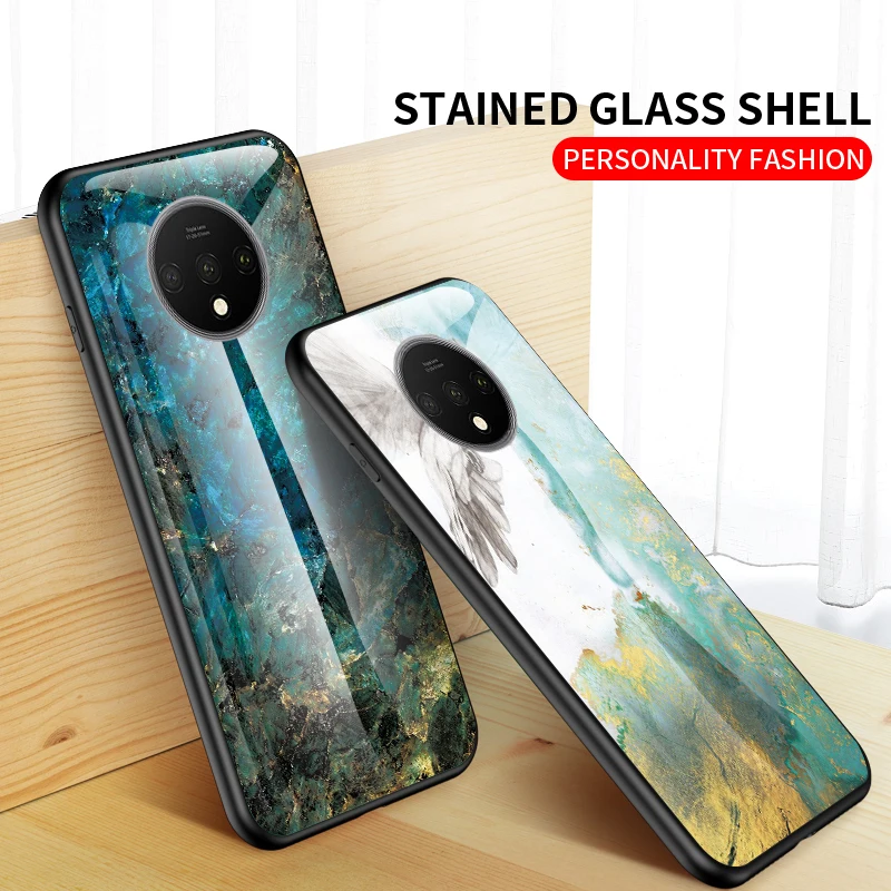 For Oneplus 7T Pro Case Luxury Marble Glass Hybrid Soft Silicone edge Hard Cover Coques |