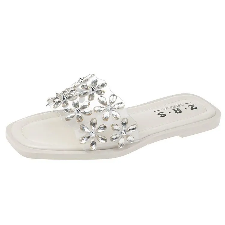 

Shoes Woman's Slippers Slides Fashion Low Jelly Flip Flops Flower 2021 Luxury Glitter Flat Soft PU Basic Crystal Rubber Floral