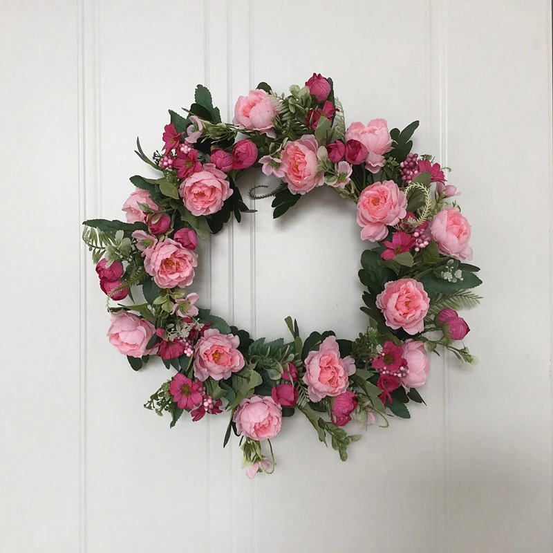 

16 Inch Door Wreath Artificial Pink Peony Flower Wreath Spring Garland Floral Wreath for Front Door Wall Wedding Decor